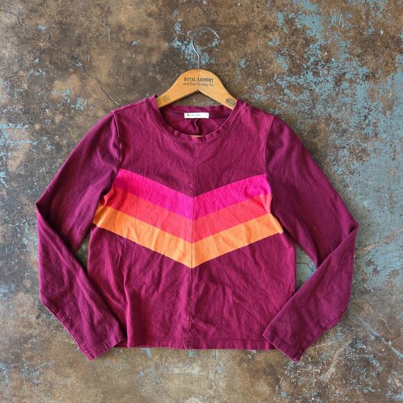Marine Layer Chevron Stripe T Shirt Top Size S Cropped Burgundy Orange Pink - Picture 1 of 5